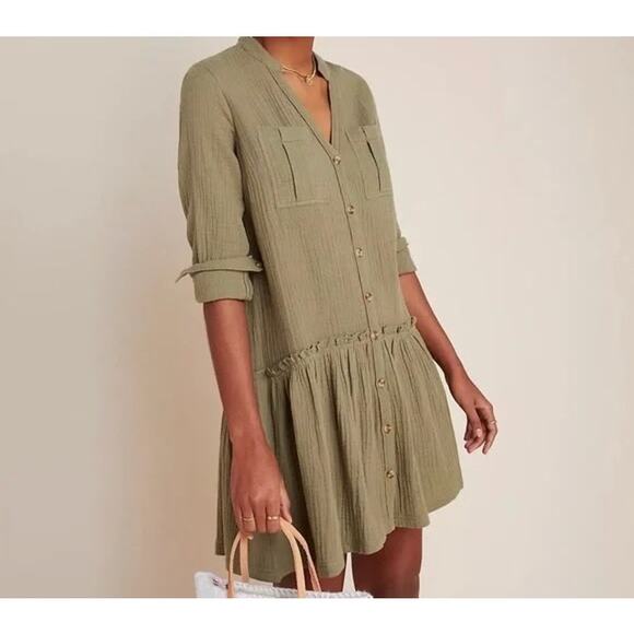 ANTHROPOLOGIE MAEVE Katie Textured Utility Button Front Tunic Dress in Moss Sz 6 - Picture 3 of 8